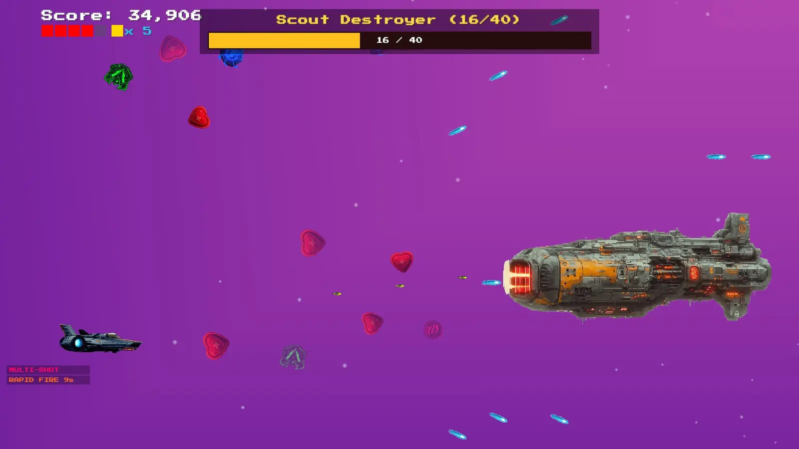 Ace's fighter facing the Scout Destroyer boss, its health bar across the top, amid heart pickups in a magenta sector