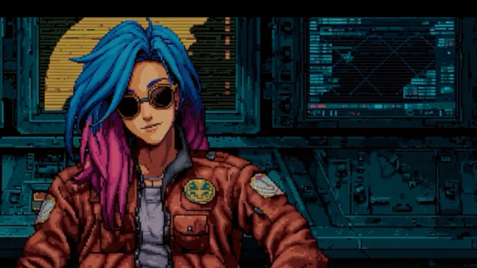 Ace, the pilot, in the cockpit with blue-and-magenta hair and aviator shades