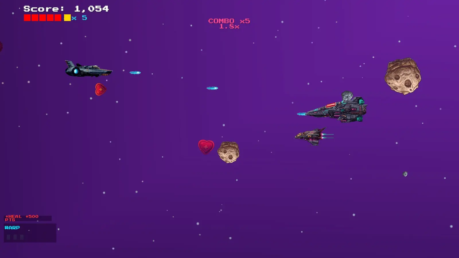 Mid-combat with a x5 combo, dodging enemy ships and grabbing heal pickups in a purple sector