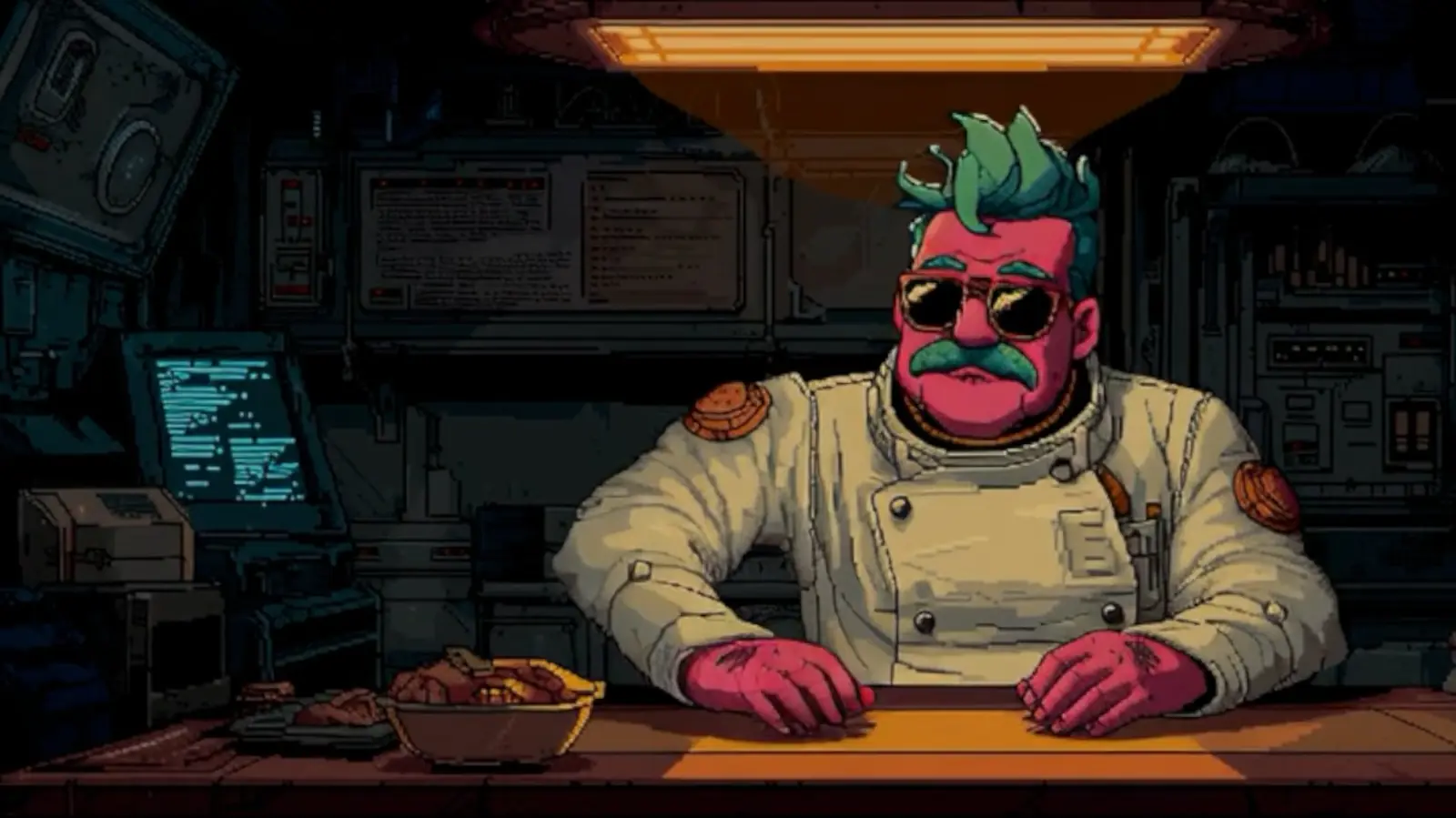 Chef Rex in his galley in a chef's coat, with shades and a teal mohawk